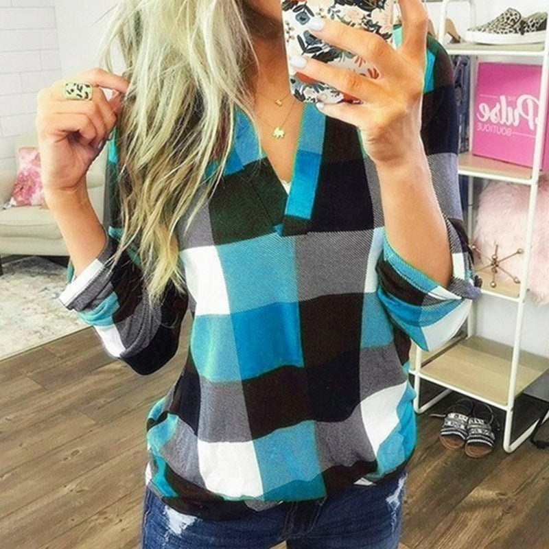 SAMIYA™ | Women Casual V-Neck Plaid Long Sleeve Blouse