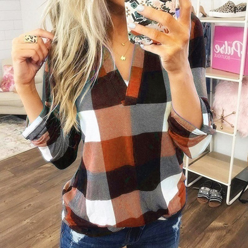 SAMIYA™ | Women Casual V-Neck Plaid Long Sleeve Blouse
