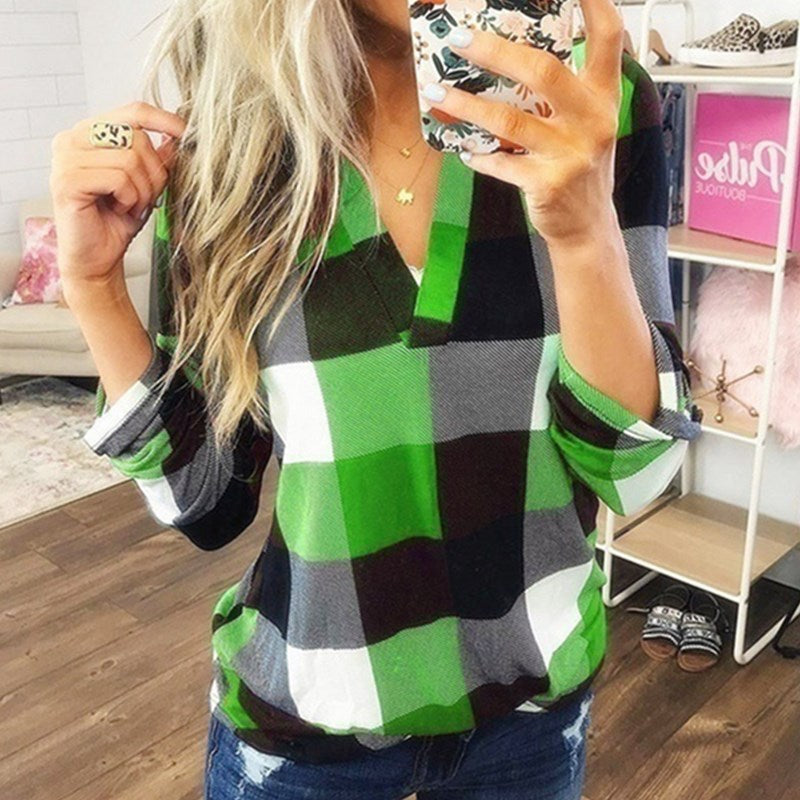 SAMIYA™ | Women Casual V-Neck Plaid Long Sleeve Blouse