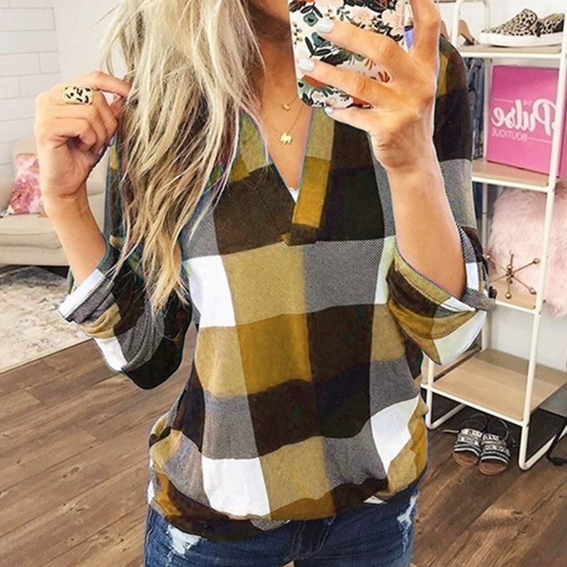 SAMIYA™ | Women Casual V-Neck Plaid Long Sleeve Blouse