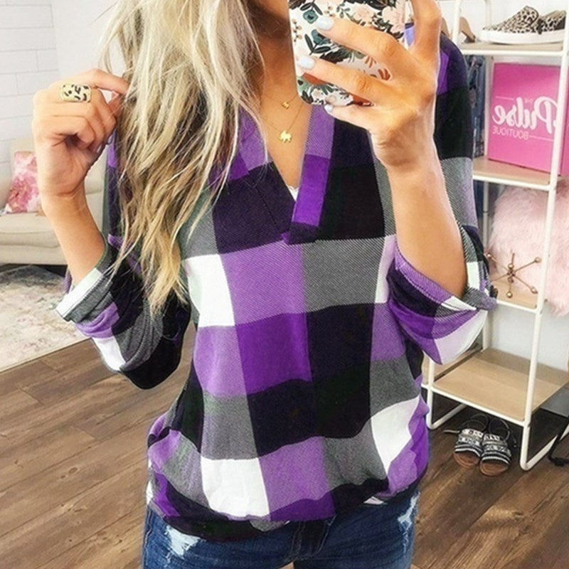 SAMIYA™ | Women Casual V-Neck Plaid Long Sleeve Blouse