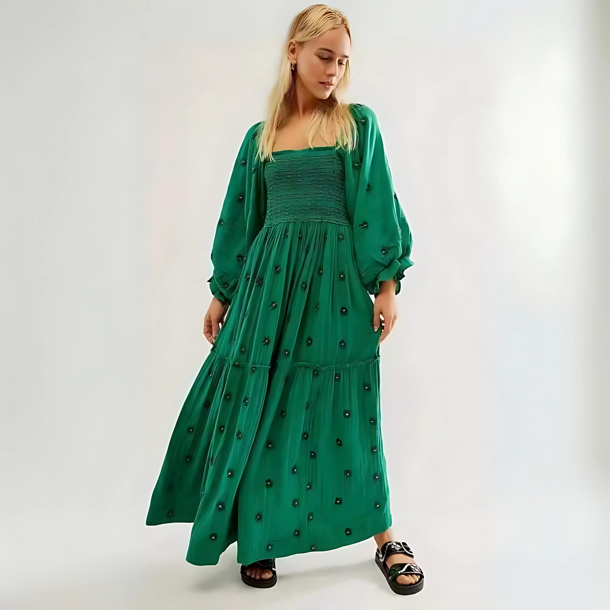 Moira™| Comfy Floral Lantern Sleeve Square Neck Maxi Dress