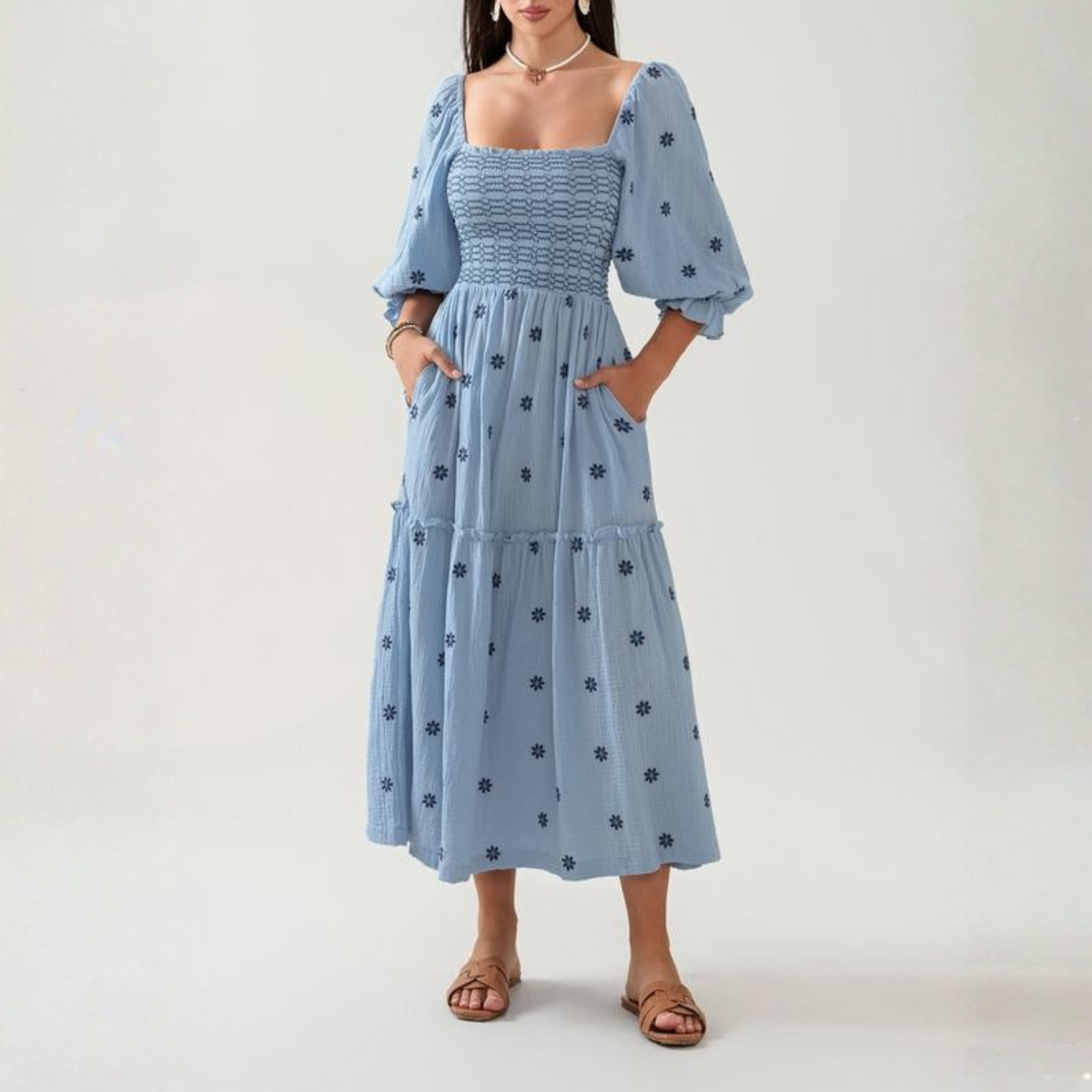 Moira™| Comfy Floral Lantern Sleeve Square Neck Maxi Dress