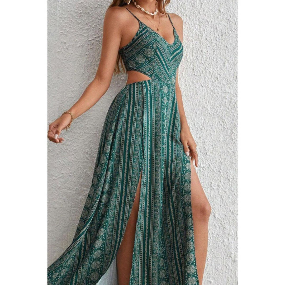 Clarinda™| Casual Deep V-Neck Shirred Sleeveless Maxi Dress