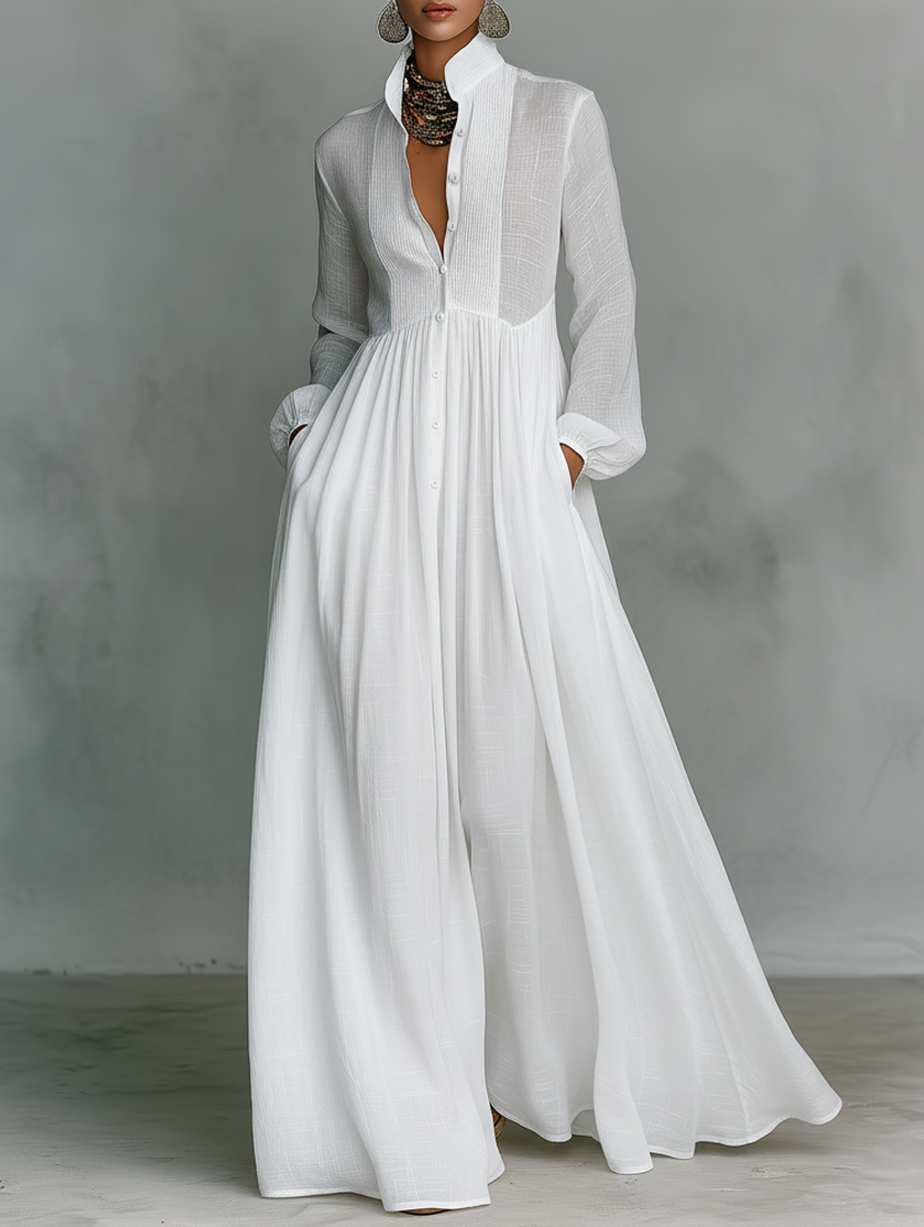 Veronica | Cotton Linen Maxi Dress with High Collar