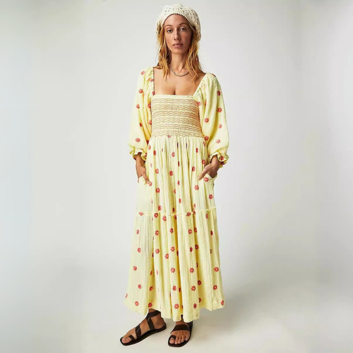 Moira™| Comfy Floral Lantern Sleeve Square Neck Maxi Dress