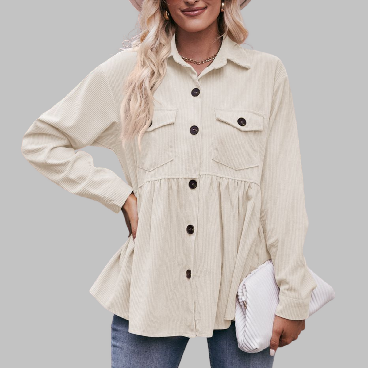 Marisa™ | Vintage Button Front Long Sleeve Collared Top