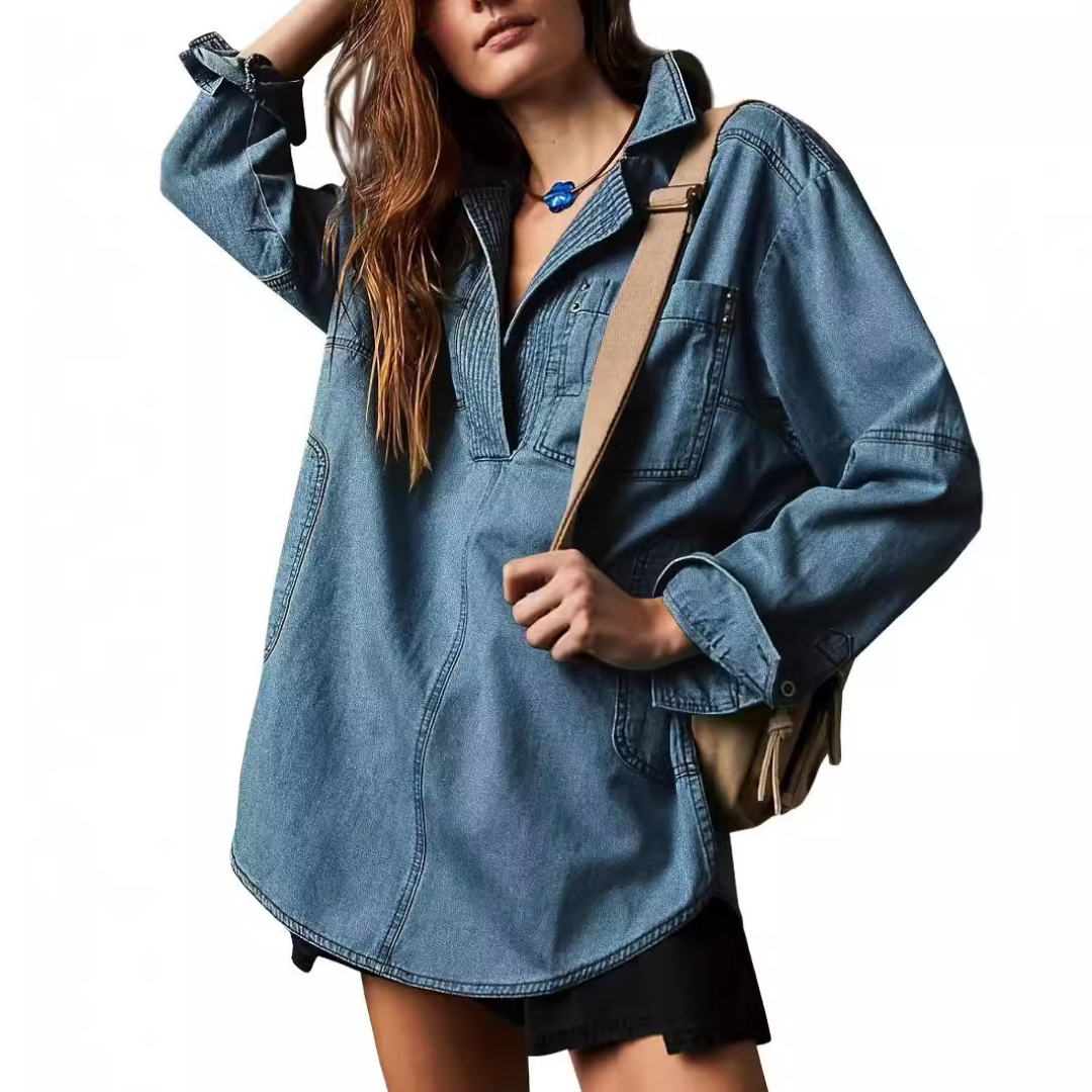 Nisha™ | Chic V-Neck Loose Fit Long-sleeve Top