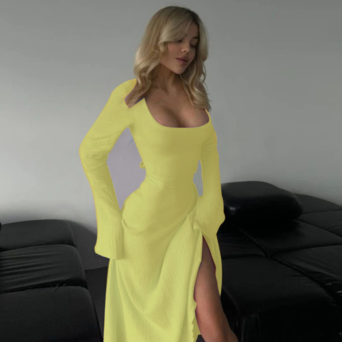 Cilicia™ | Classy Plain Flounce Long Sleeve Square Neck A-Line Maxi Dress
