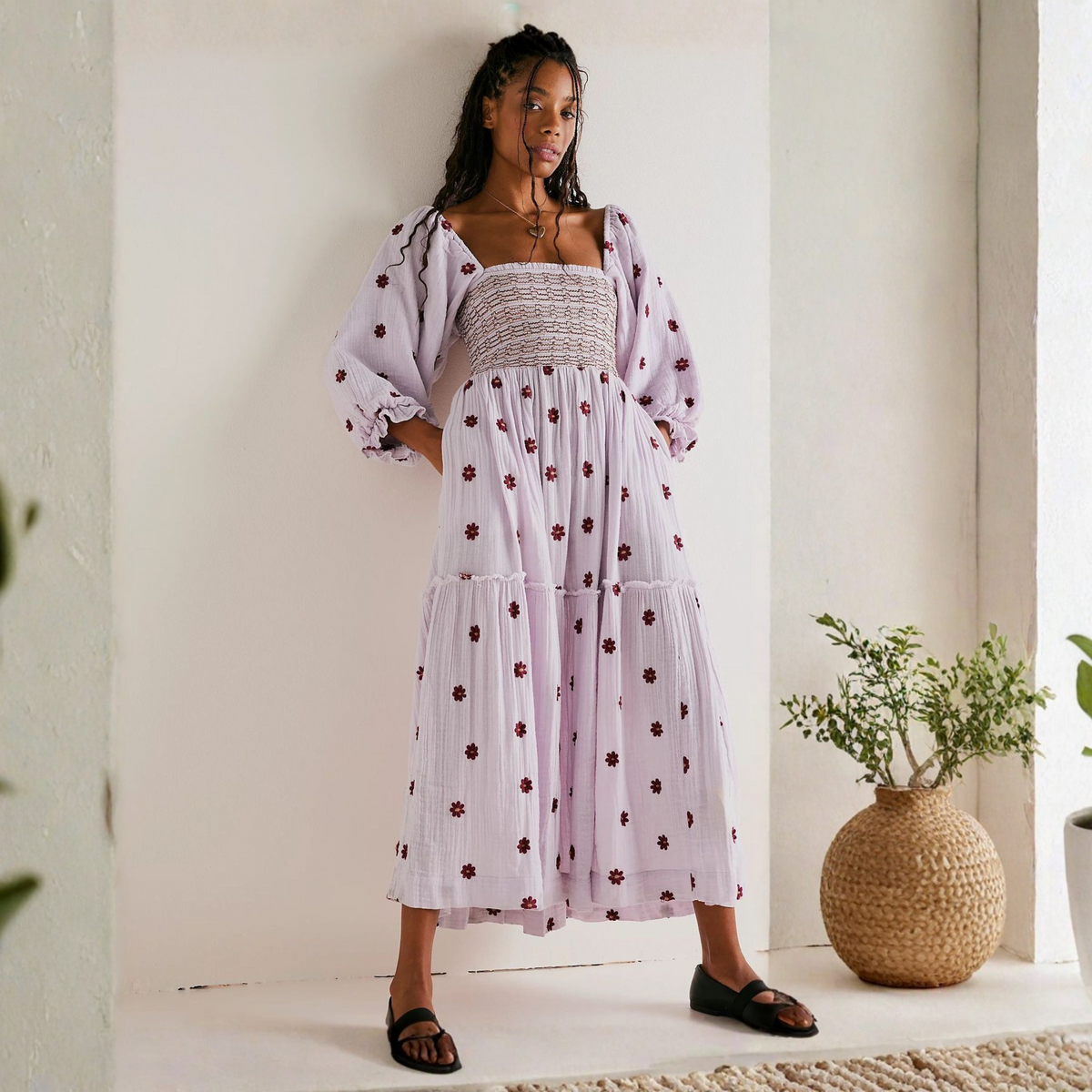 Moira™| Comfy Floral Lantern Sleeve Square Neck Maxi Dress
