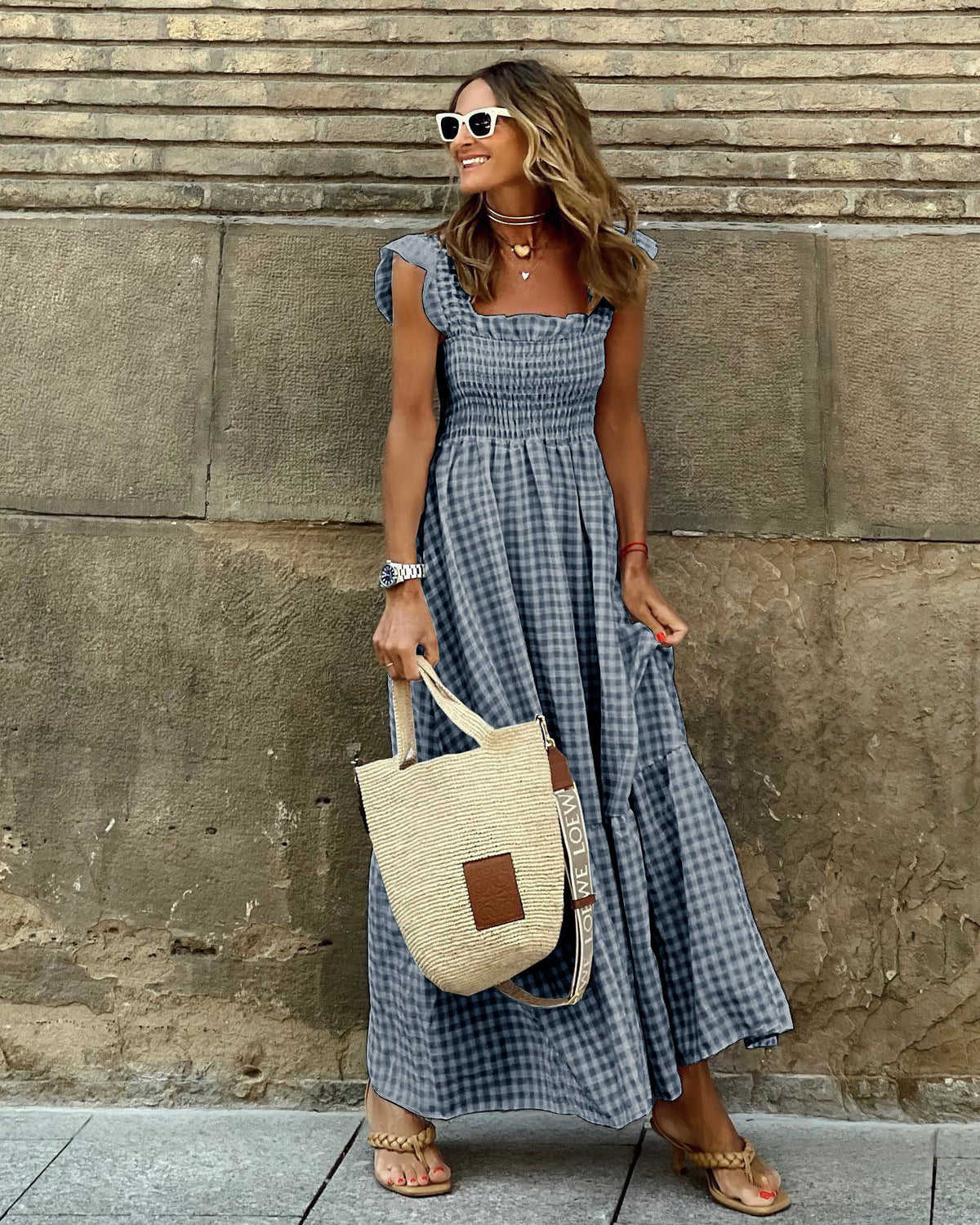 Nancy™ | Chic Retro Plaid Smocked Women Maxi Dress