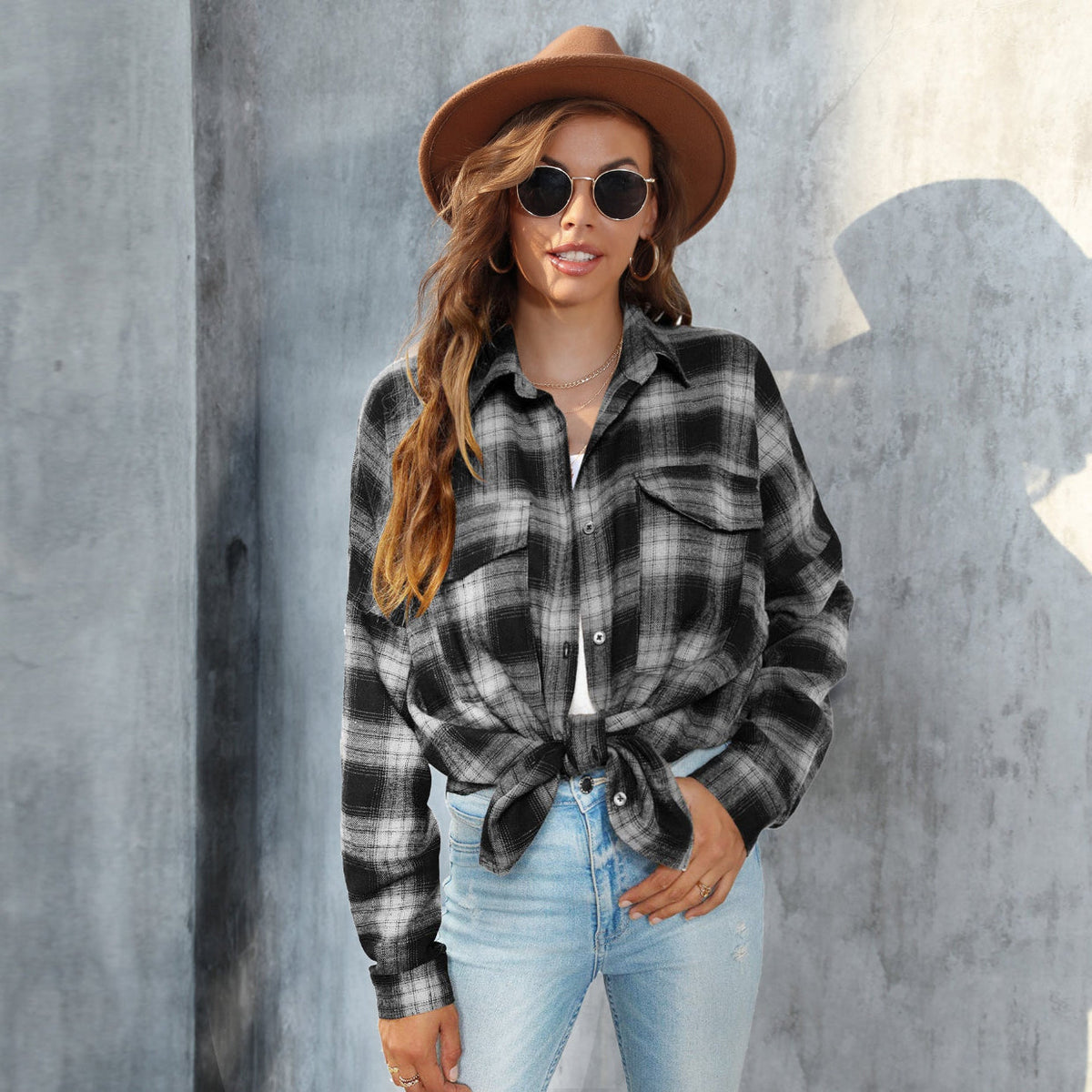 TORI™ | Vintage Plaid Button Down Long Sleeve Blouse