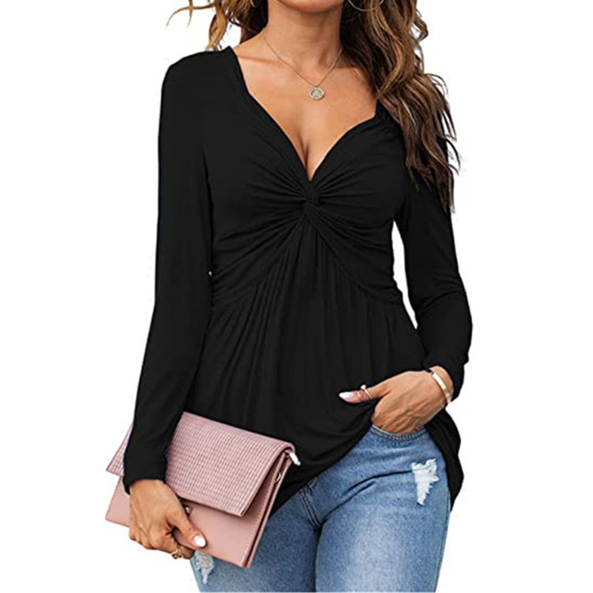 Emma| Casual V-Neck Front Knotted Blouse with Long Sleeves
