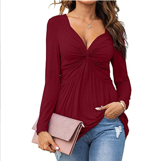 Emma| Casual V-Neck Front Knotted Blouse with Long Sleeves