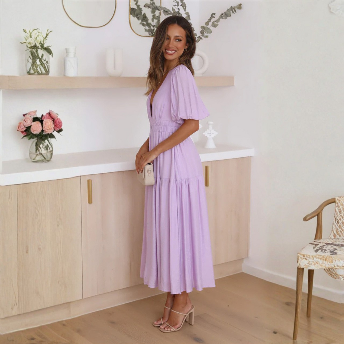 Namu™ | Classy V-Neck Long Sleeve A-Line Maxi Dress