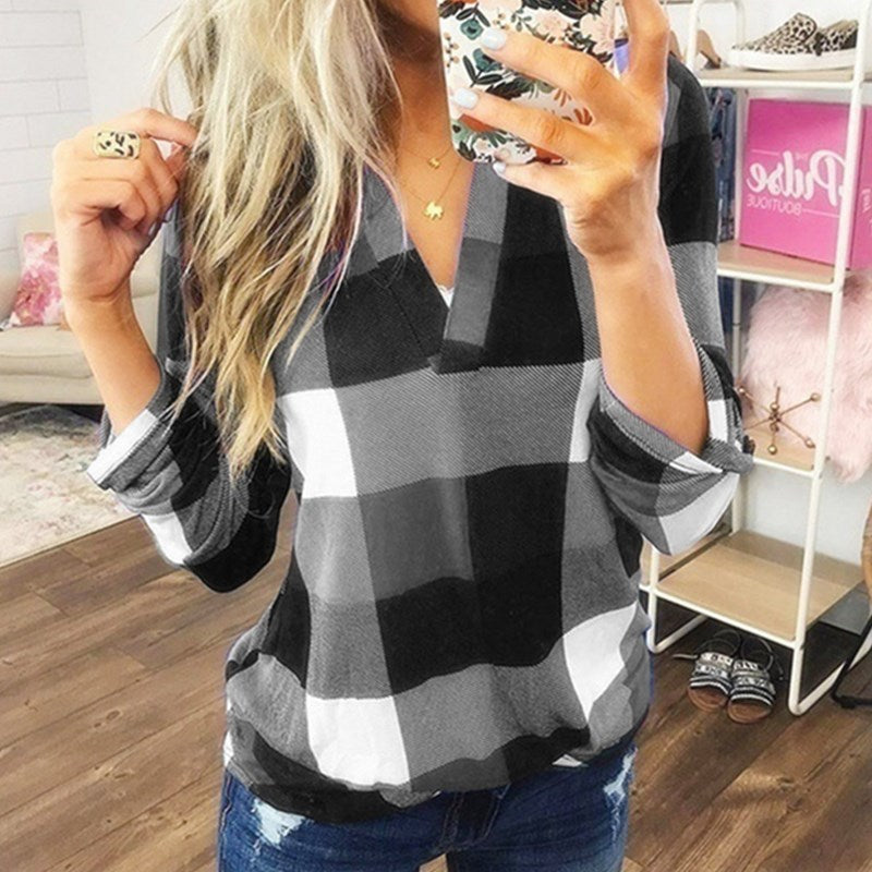 SAMIYA™ | Women Casual V-Neck Plaid Long Sleeve Blouse