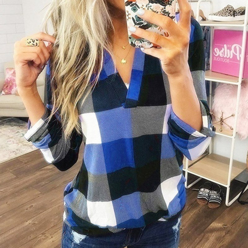 SAMIYA™ | Women Casual V-Neck Plaid Long Sleeve Blouse
