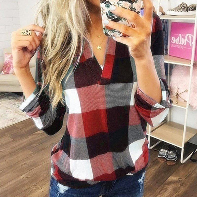SAMIYA™ | Women Casual V-Neck Plaid Long Sleeve Blouse