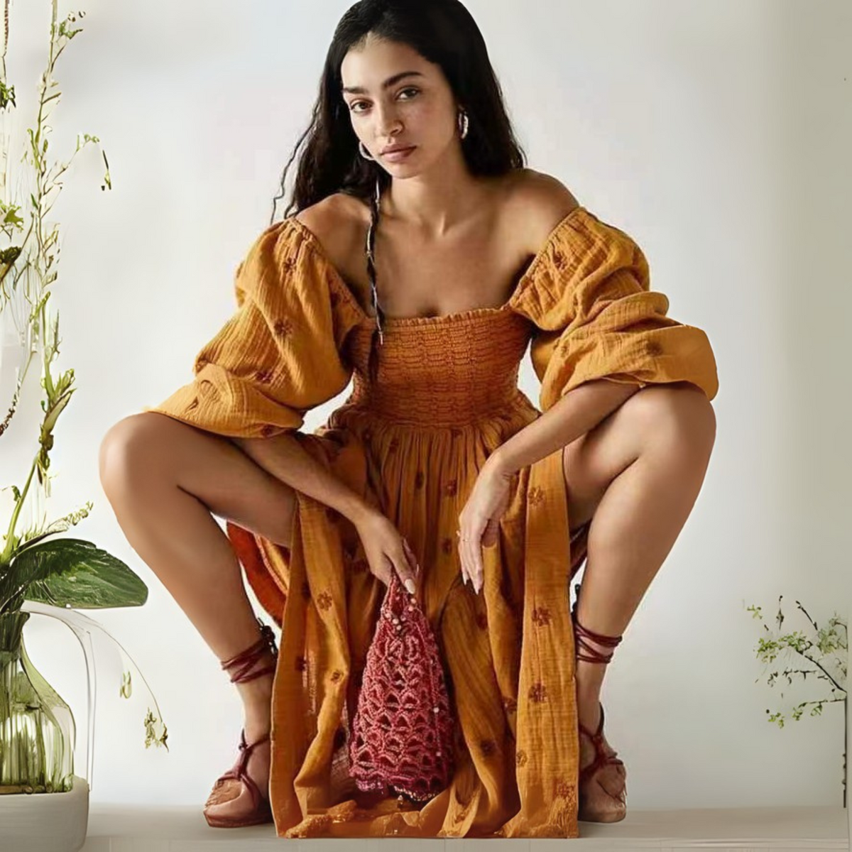 Moira™| Comfy Floral Lantern Sleeve Square Neck Maxi Dress