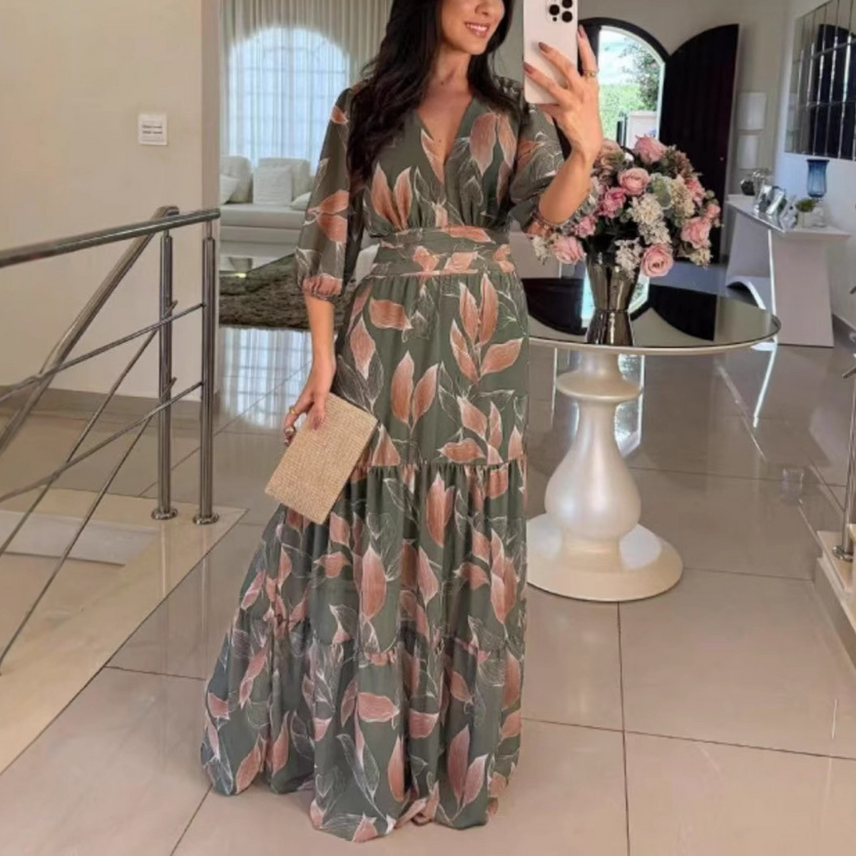 Bell™| Elegant V-Neck Puff Sleeve Maxi Dress