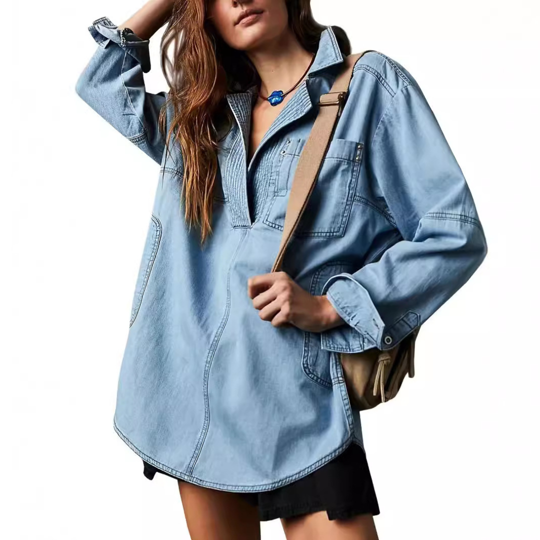 Nisha™ | Chic V-Neck Loose Fit Long-sleeve Top