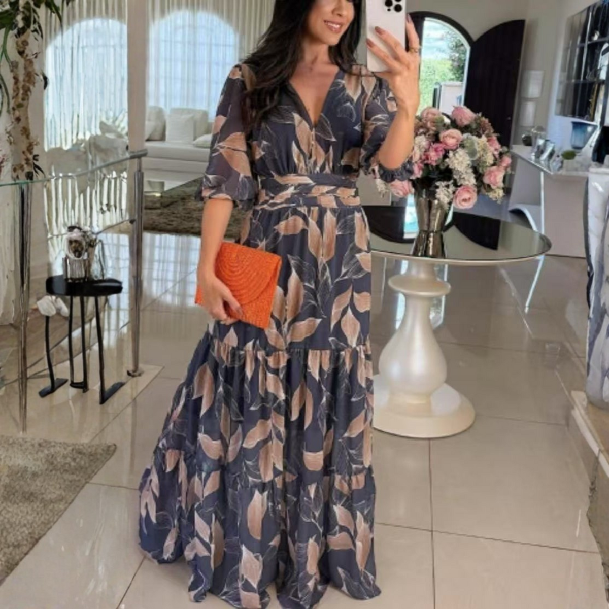 Bell™| Elegant V-Neck Puff Sleeve Maxi Dress