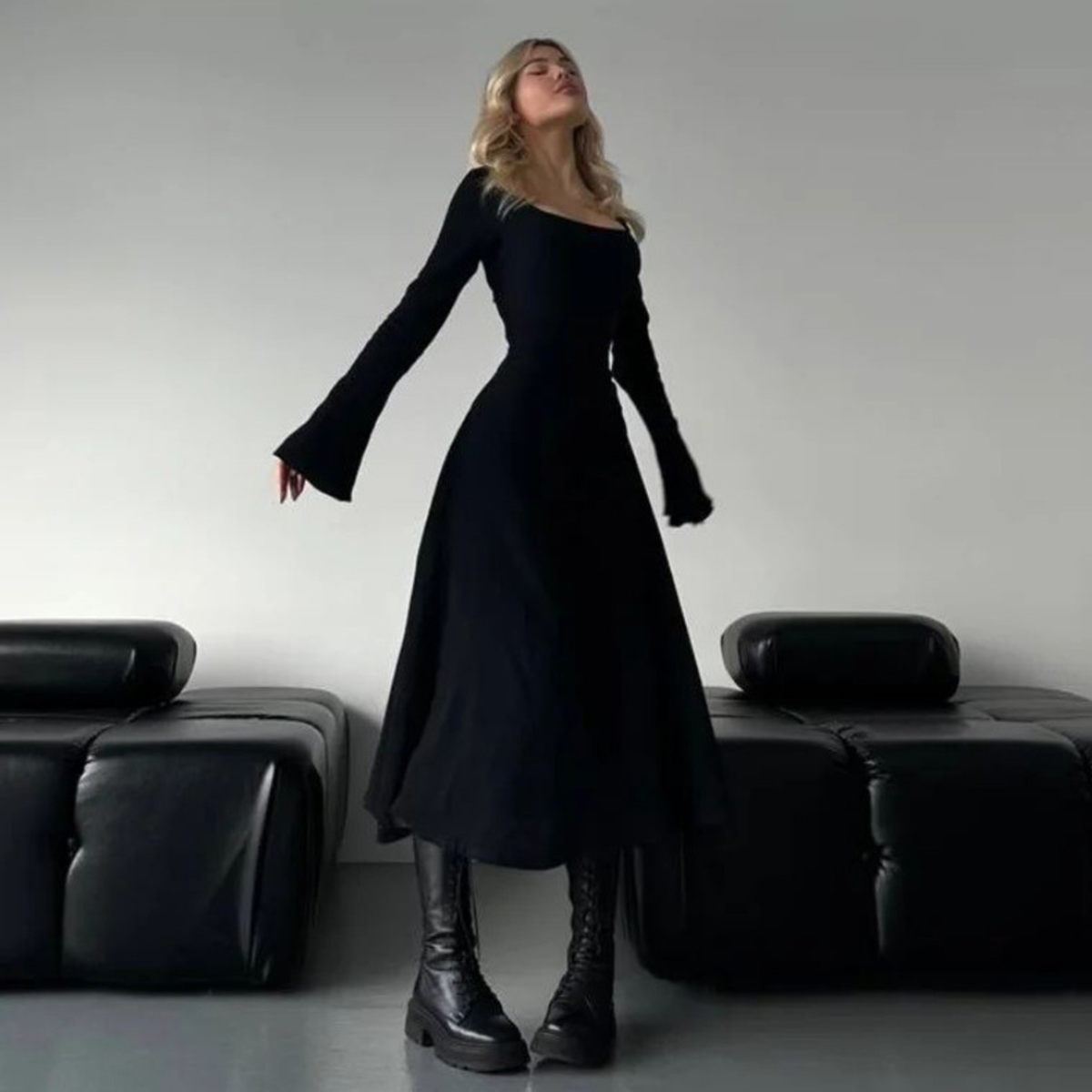Cilicia™ | Classy Plain Flounce Long Sleeve Square Neck A-Line Maxi Dress