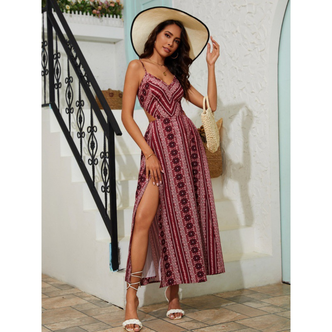 Clarinda™| Casual Deep V-Neck Shirred Sleeveless Maxi Dress