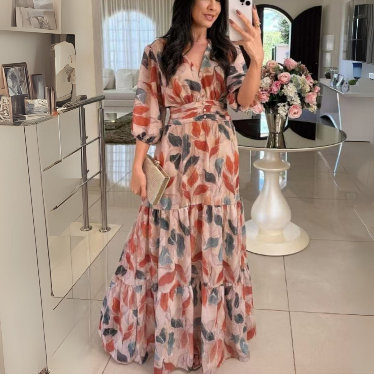 Bell™| Elegant V-Neck Puff Sleeve Maxi Dress