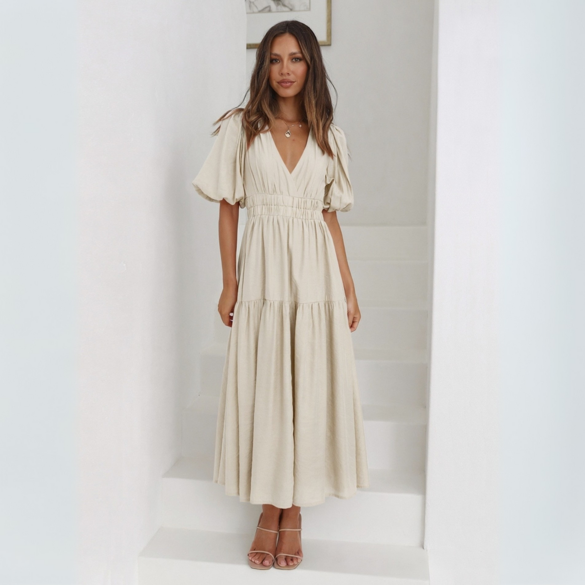 Namu™ | Classy V-Neck Long Sleeve A-Line Maxi Dress