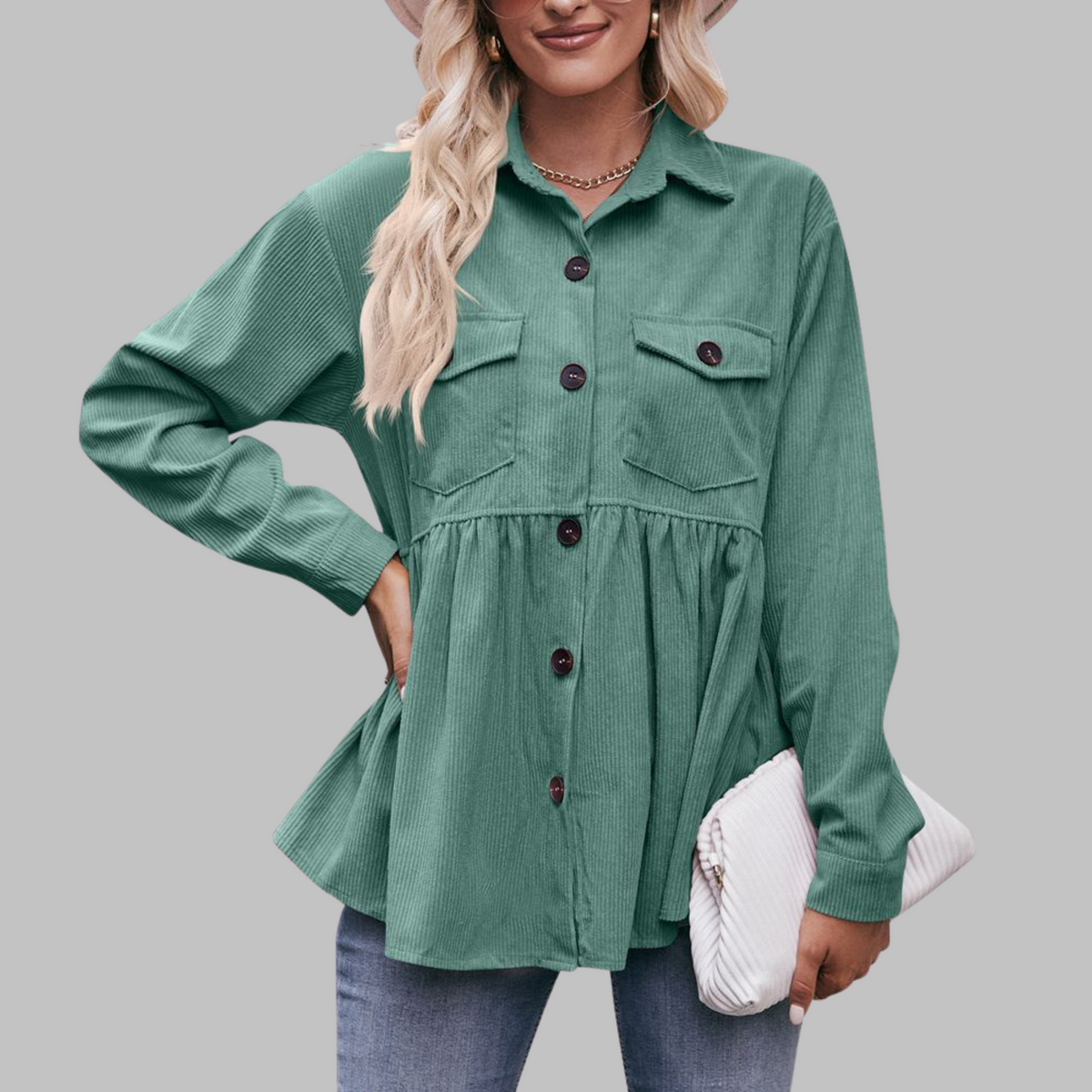 Marisa™ | Vintage Button Front Long Sleeve Collared Top