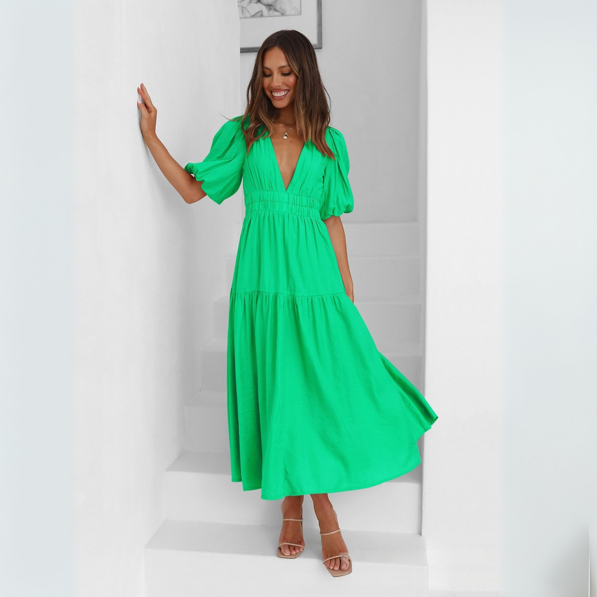 Namu™ | Classy V-Neck Long Sleeve A-Line Maxi Dress