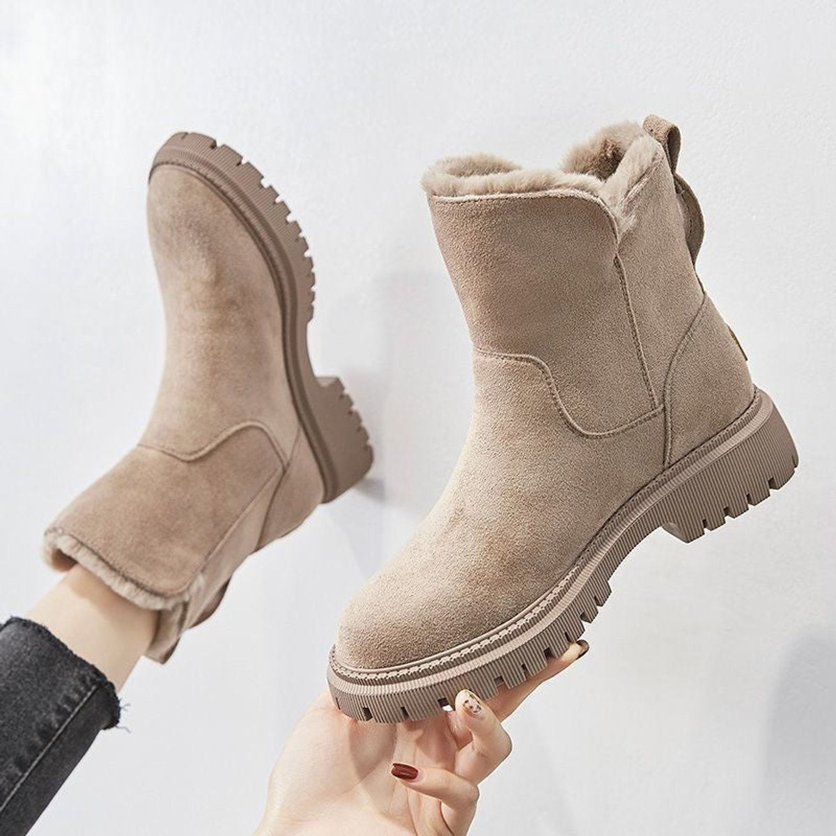 Women's Faux Suede Ankle Boots – Fleece-Lined Platform Snow Boot