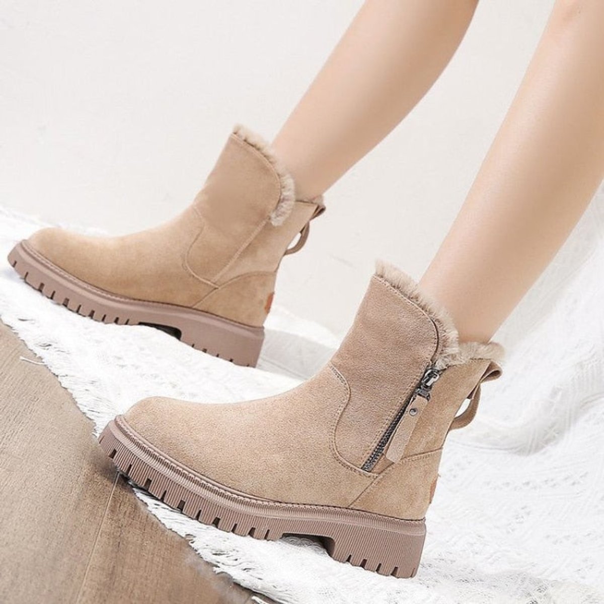 Women's Faux Suede Ankle Boots – Fleece-Lined Platform Snow Boot