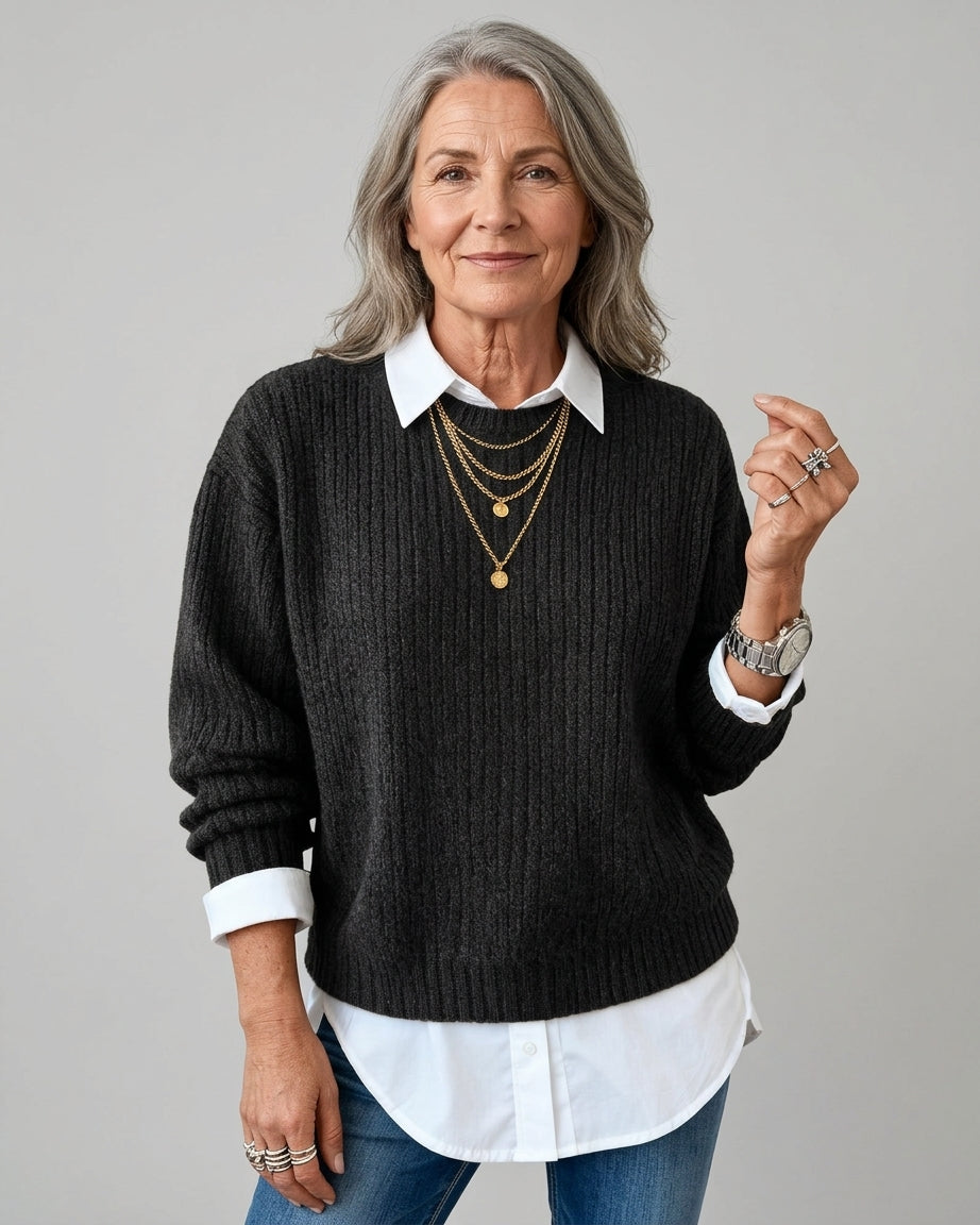 Laluna | Sweater With Shirt Collar And Patchwork Design