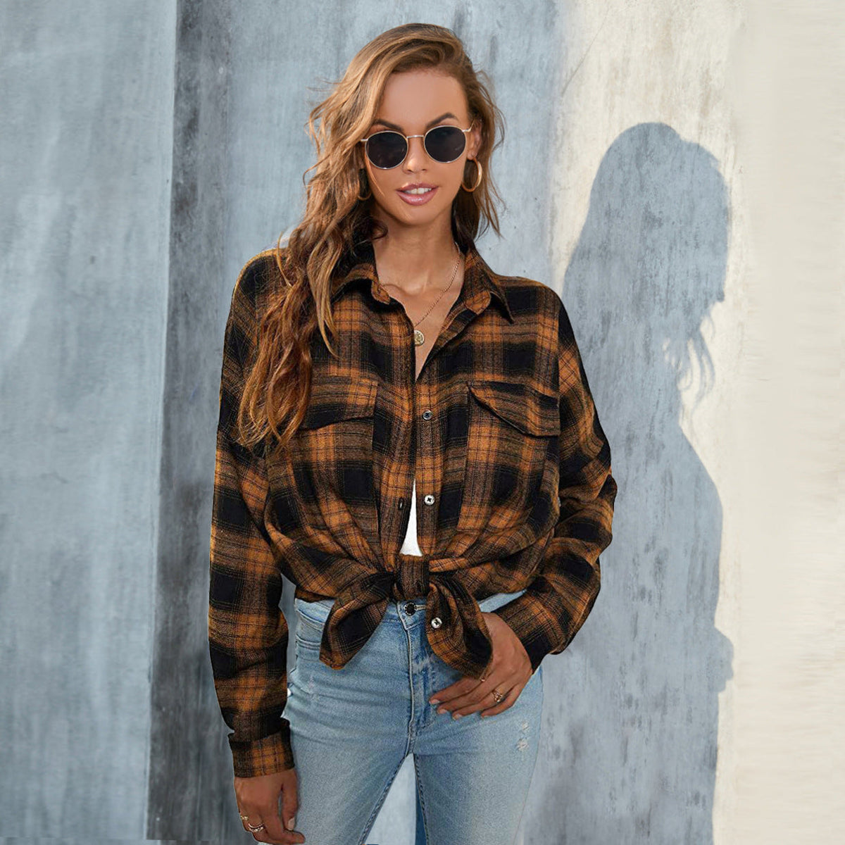 TORI™ | Vintage Plaid Button Down Long Sleeve Blouse