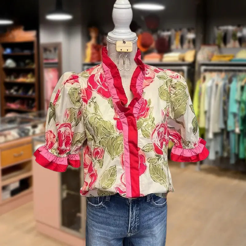 Alitzel™| Everyday Sweet Ruffle Stripe Floral Top